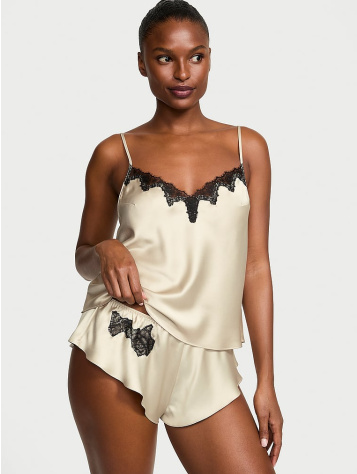 Saténová Súprava Rose Lace-Trim Cami & Flutter Short